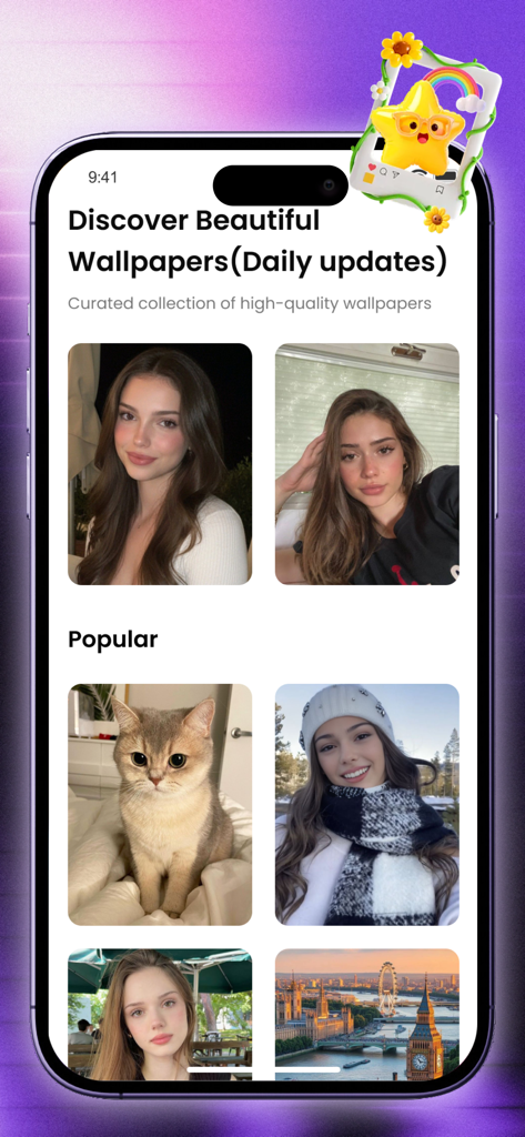 Wallea - Pantalla de iPhone mostrando la aplicación Wallea con una colección curada de fondos de pantalla estéticos y actualizaciones diarias