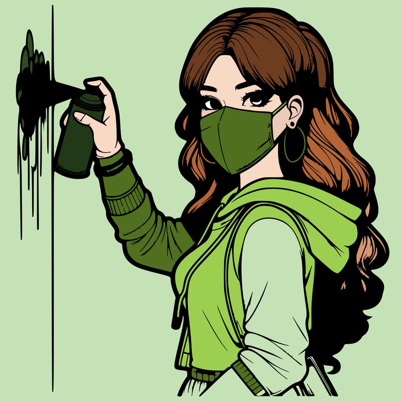 realistic girl with mask spray painting a wall