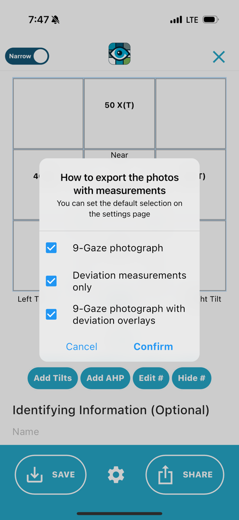 9 Gaze - Un menú en la aplicación 9 Gaze que muestra opciones para exportar fotografías con medidas de desviación y superposiciones