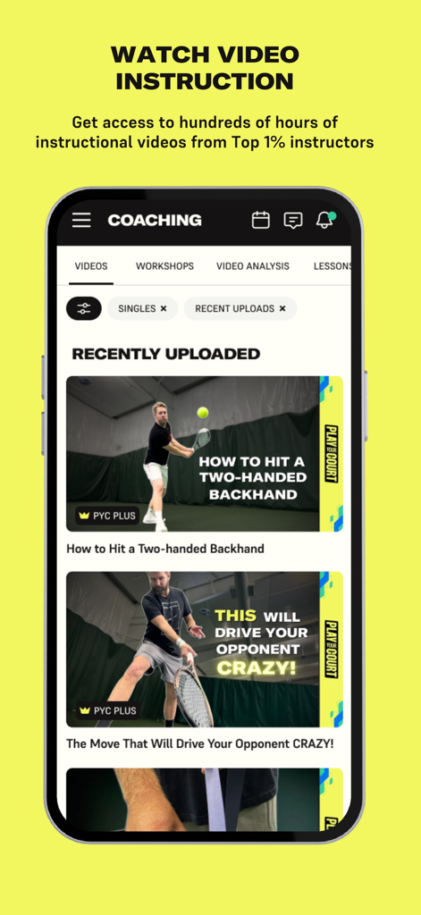 Interface of the PlayYourCourt app showing a library of instructional tennis videos for players to improve their skills