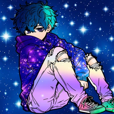 a male hoddie ripped jeans messy hair anime