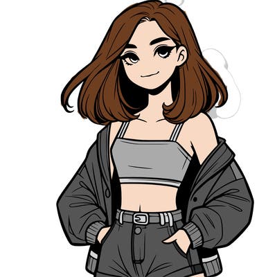 a realistic girl with a crop top and short shorts in an open jacket