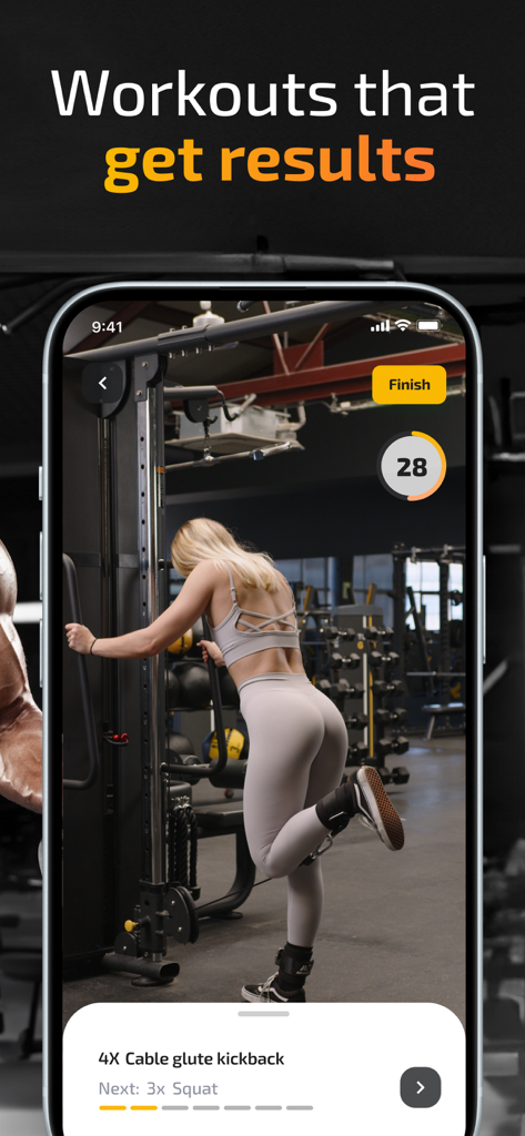 FitKeeper app showing a video demonstration of a cable glute kickback exercise with a rest timer and workout progress