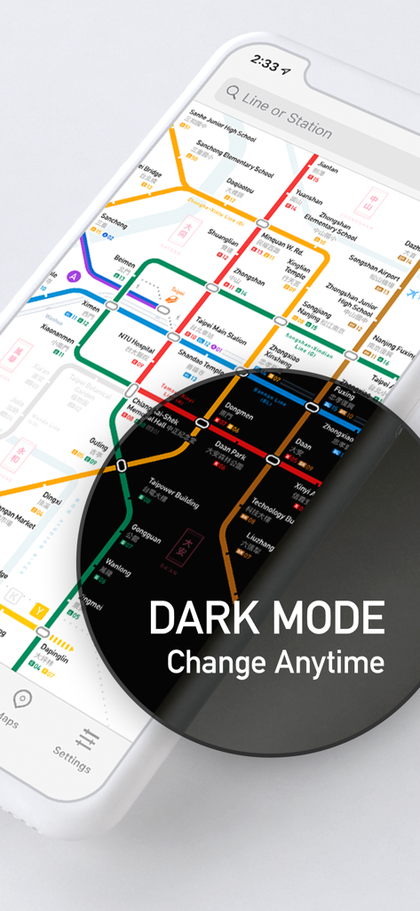 MetroMan Taipei - Captura de pantalla de la aplicación MetroMan Taipei mostrando la interfaz en modo oscuro para el mapa del metro de la ciudad