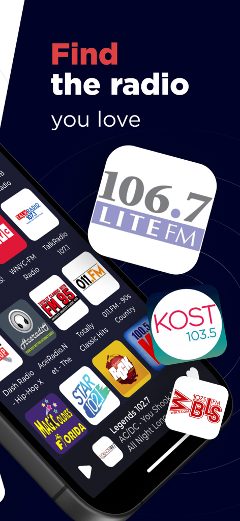 Radio USA Live Online FM & AM - Schermata dello smartphone che mostra una raccolta di loghi di popolari stazioni radio americane tra cui Lite FM e KOST
