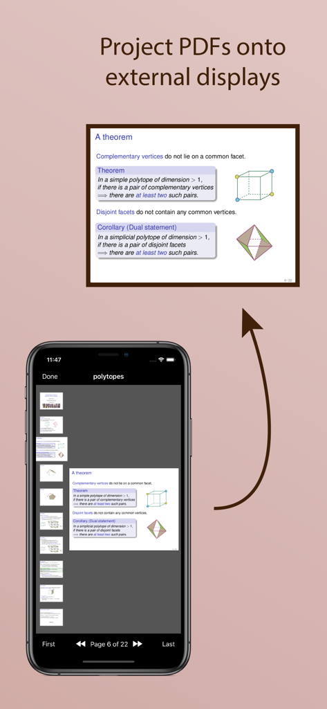 An iPhone interface showing the PDF Projector app projecting a technical LaTeX Beamer slide onto an external screen.