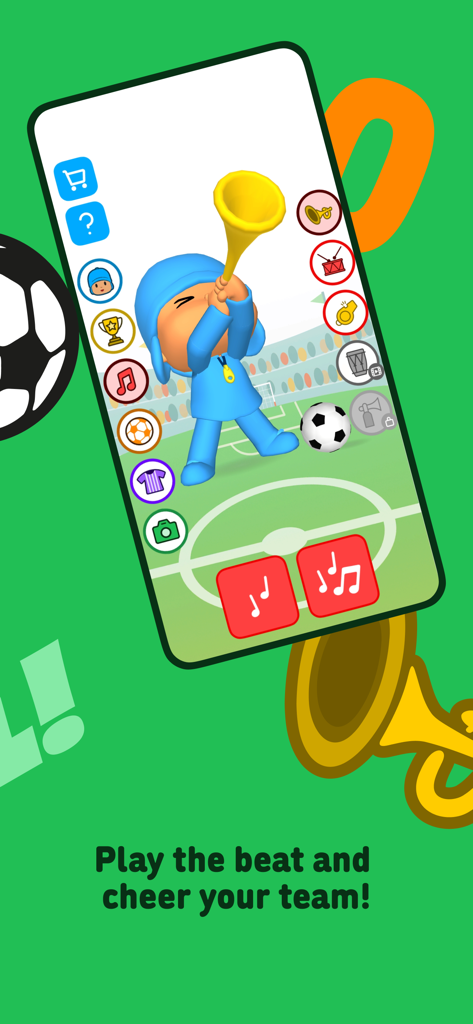 Talking Pocoyo Football - Personaje de Pocoyó tocando una trompeta en un campo de fútbol para animar a su equipo