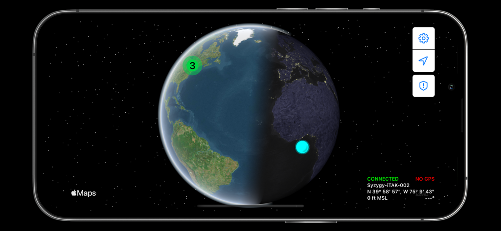 iTAK - iTAK app 3D globe view showing team locations and coordinates