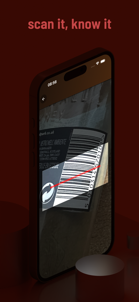 A smartphone using the Drammer whisky app barcode scanner feature on a bottle label.