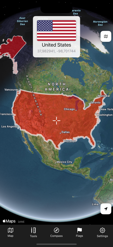 Interactive 3D globe view with the United States highlighted and its national flag displayed