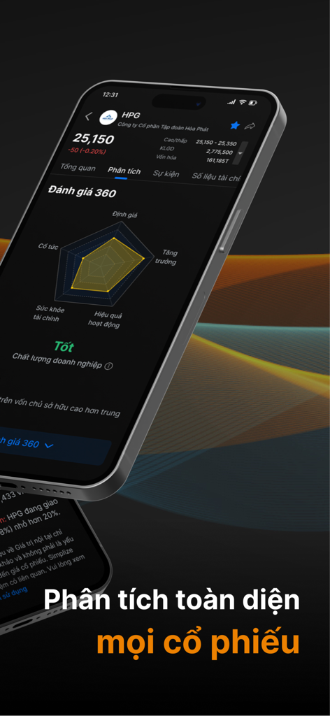 Simplize app showing a 360-degree assessment radar chart for Vietnamese stock analysis.