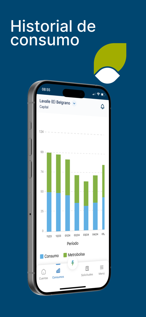 Mi Metrogas - Mi Metrogas app screenshot showing a monthly gas consumption history bar chart.