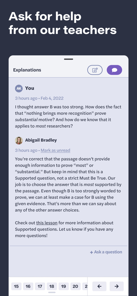 LSAT Demon - LSAT Demon app screen showing a student receiving a direct explanation from a teacher after asking a question about a practice test.