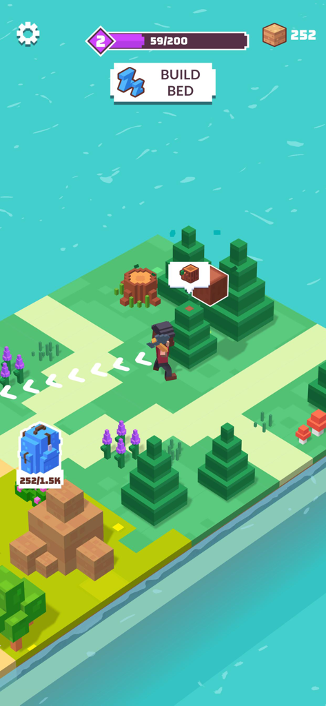 Craft Valley - Building Game - A character chopping voxel trees on an island in Craft Valley building game.