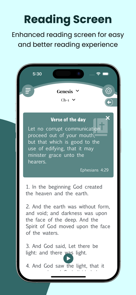 KJV Bible Audio - Holy Version - Pantalla de teléfono inteligente mostrando la interfaz de lectura de la Biblia KJV con una ventana emergente de Versículo del Día para Efesios 4:29
