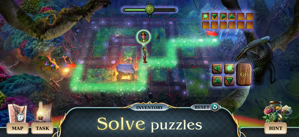 Lucky Season 2：Find the Object - A leprechaun character navigating a glowing path puzzle in a magical forest