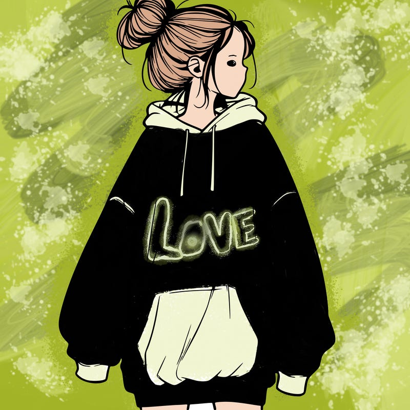 realistic girl with a oversized sweatshirt on and a bun