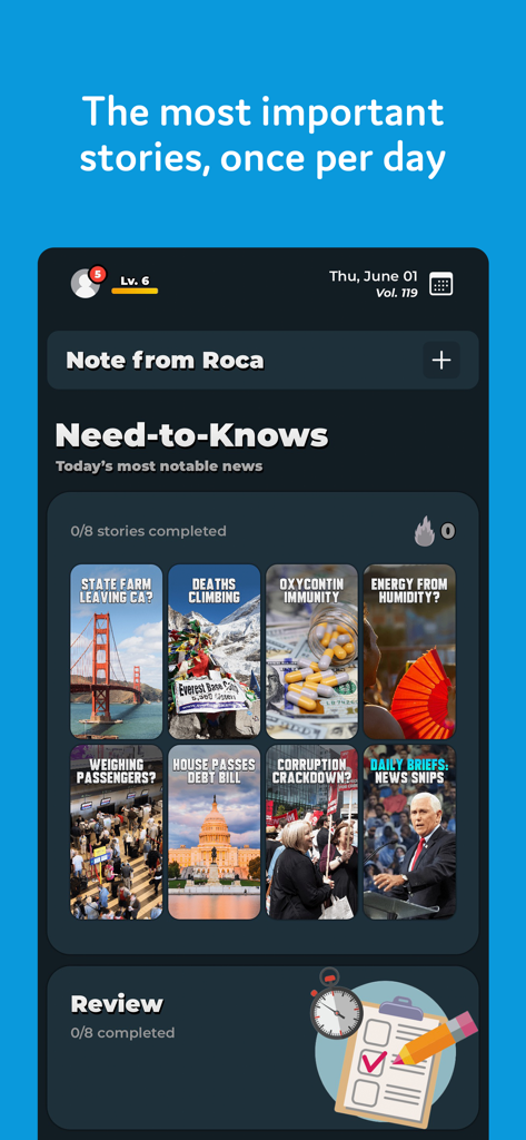 RocaNews mobile app interface showing a daily selection of important news stories in a gamified grid format