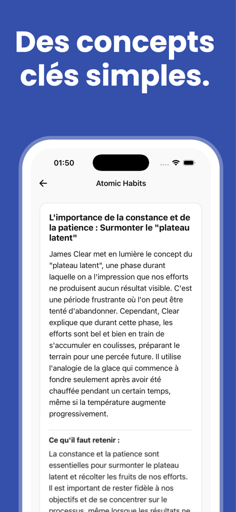 Cobalt : Book Summaries - Smartphone screen showing key takeaways and a summary of the book Atomic Habits within the Cobalt app