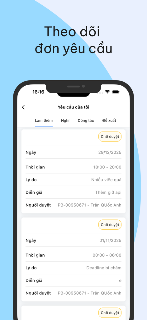 Humax - Interface de l'application mobile RH Humax affichant une liste de demandes d'heures supplémentaires des employés en attente d'approbation.