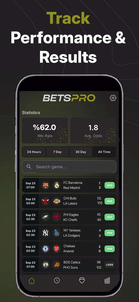 BetsPro AI - BetsPro AI App-Oberfläche mit Wettleistungs-Ergebnissen und Statistiken
