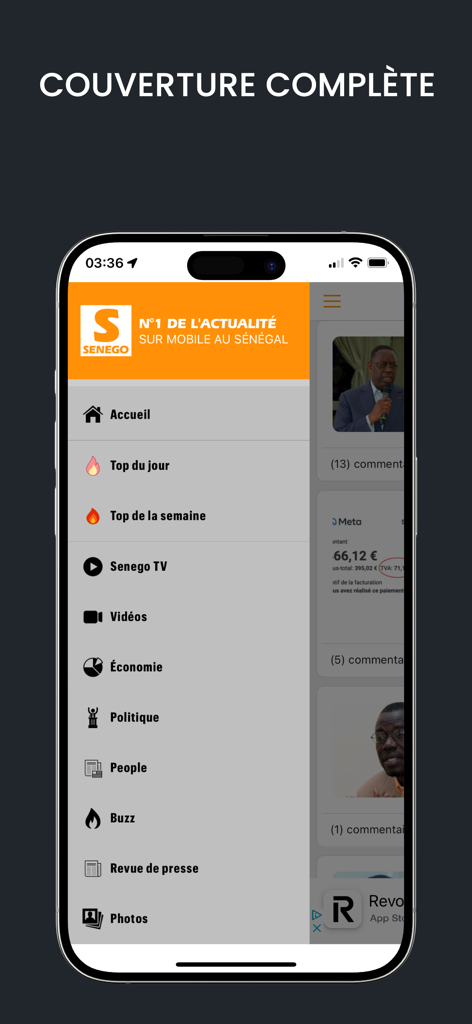 Senego: Actualité au Sénégal - The navigation menu of the Senego mobile app showing news categories
