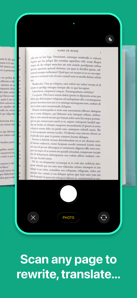 AI grammar app scanning a printed book page to rewrite and translate text