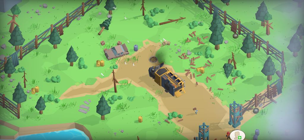 Top-down isometric view of a survivor settlement with a wrecked bus and wooden fences
