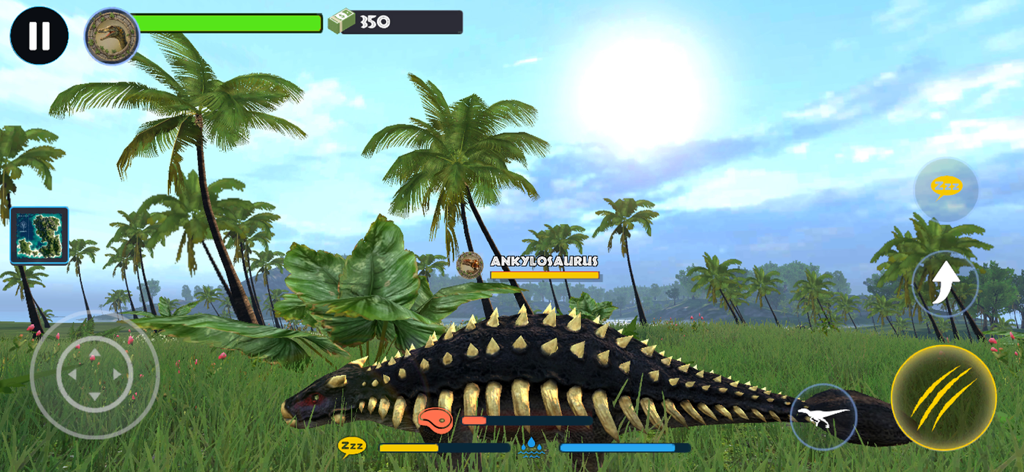 Jurassic Clash Primal Dino Sim - Ankylosaurus dinosaur exploring a tropical island landscape in Jurassic Clash Primal Dino Sim