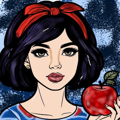 a woman with medium short hair, wearing a headband with a small bow, carrying an apple in her hand, realistic