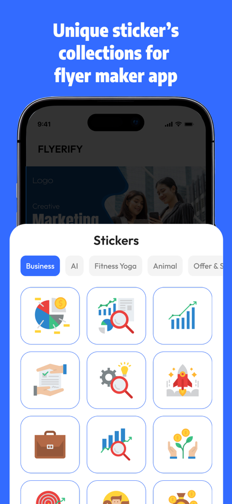 Poster Maker, Flyer Creator - フライヤーメーカーアプリのインターフェース内のビジネステーマのステッカーとアイコンの選択。