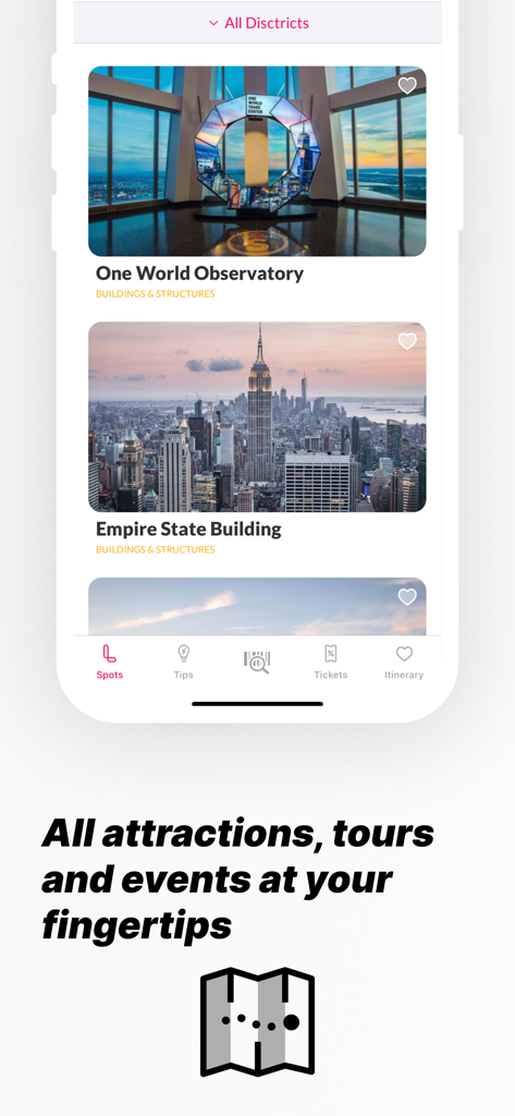Loving New York - Interfaz de aplicación móvil que muestra atracciones de la ciudad de Nueva York, incluido el One World Observatory y el Empire State Building
