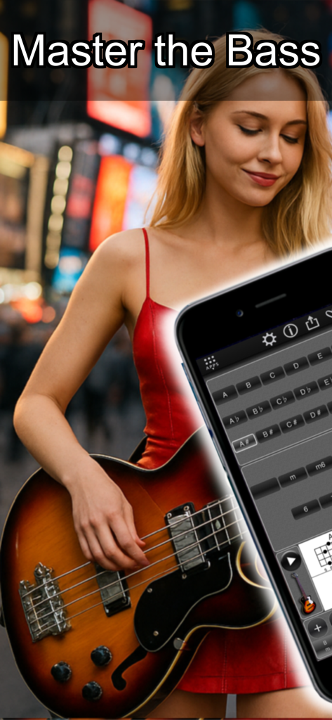 120 Bass Chords - Una mujer tocando un bajo eléctrico junto a un smartphone que muestra la interfaz de la aplicación 120 Acordes de Bajo