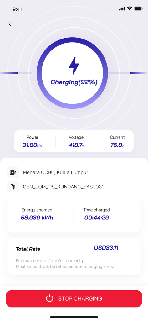 ZO Charge - Interfaz de sesión de carga de vehículos eléctricos en tiempo real en la aplicación ZO Charge.