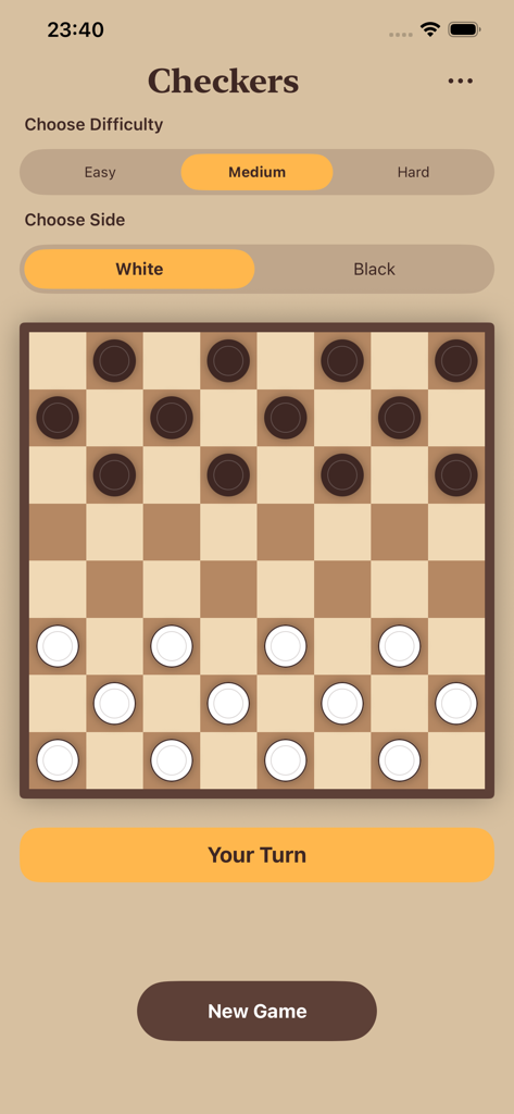 Checkers with Ai - Una interfaz de juego de damas minimalista en un teléfono móvil mostrando la configuración del juego y las piezas.