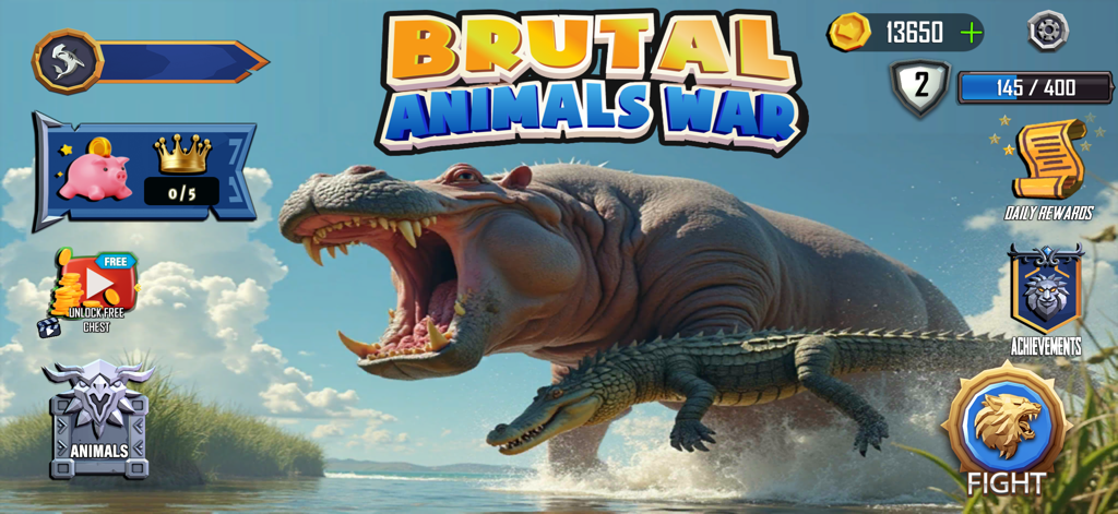 Animal battle ARBS Spielstartbildschirm mit einem Nilpferd und einem Krokodil