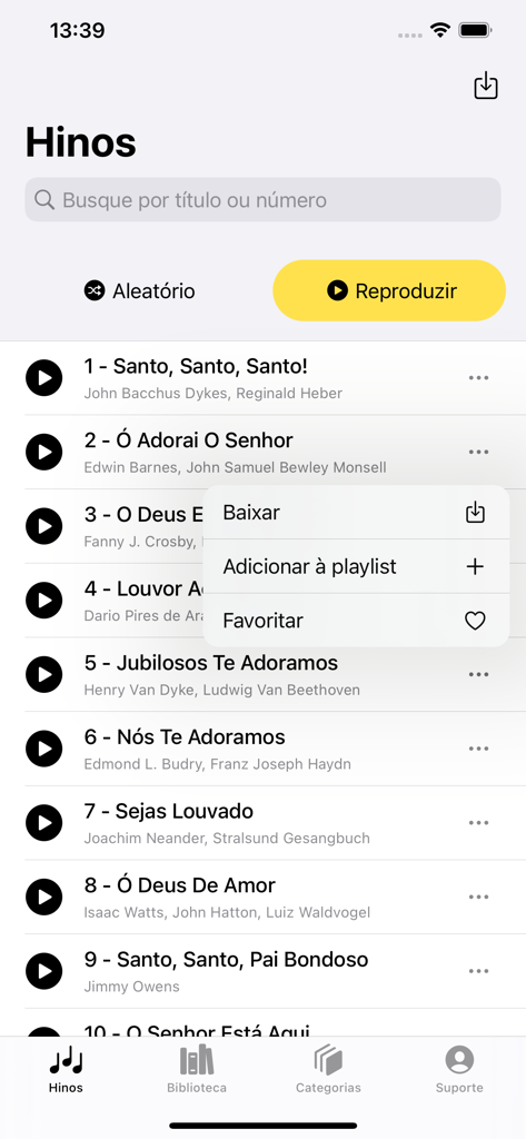Novo Hinário Adventista - Uma lista de hinos no aplicativo Novo Hinario Adventista mostrando títulos de músicas e opções de reprodução.