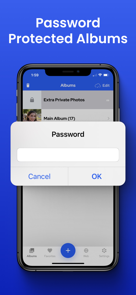 Private Photo Vault app screen showing a password prompt for locked photo albums