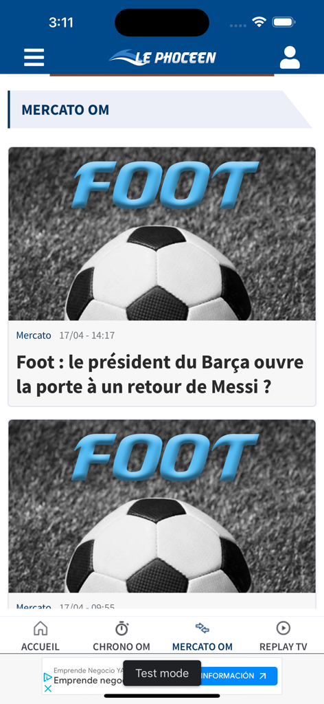 Le Phoceen app interface showing soccer transfer news and rumors in the Mercato OM section