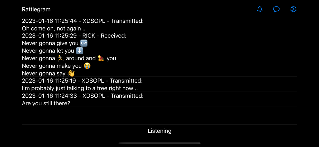 Rattlegram - Interface of Rattlegram app displaying a log of transmitted and received text messages via audio data frequencies