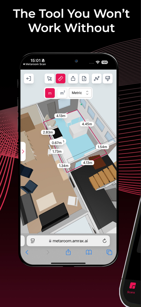 Metaroom app interface showing a 3D floor plan with precise room measurements