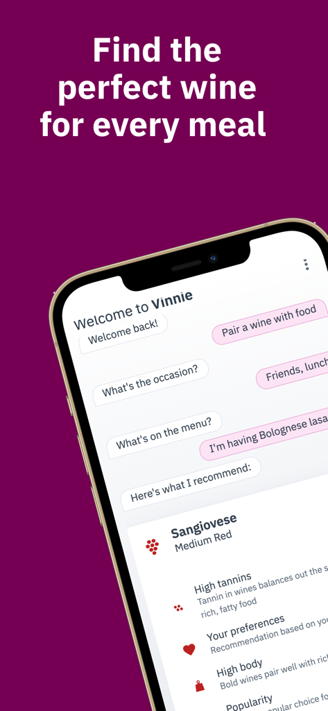 Vinnie wine assistant app showing a chat interface with a personalized Sangiovese recommendation for Bolognese lasagna