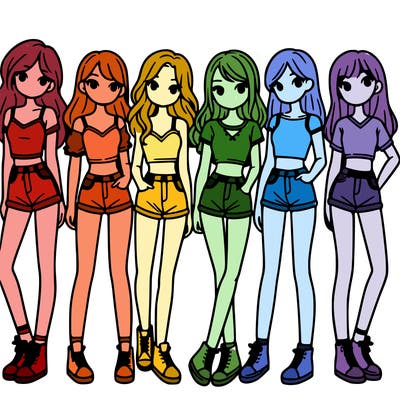 a group of girls wearing crop tops and shorts