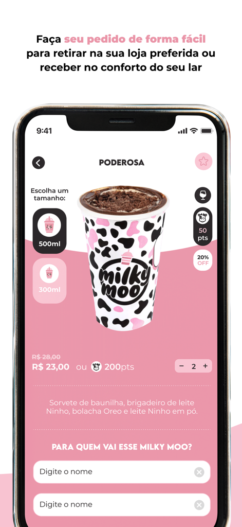 Milky Moo - Milky Moo app screen showing the Poderosa milkshake with size options and loyalty points