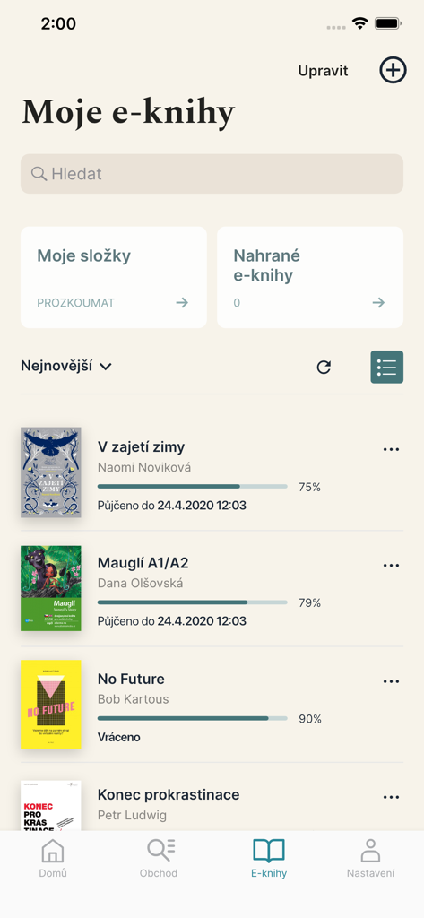 Palmknihy: čtení, poslech - Interfaz de la aplicación Palmknihy que muestra la sección Mis libros electrónicos con una lista de libros digitales y barras de progreso de lectura.