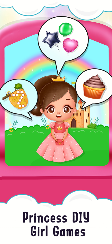 Princess Carphone Doll Games - A cartoon princess character with thought bubbles featuring balloons, honey, and a cupcake.