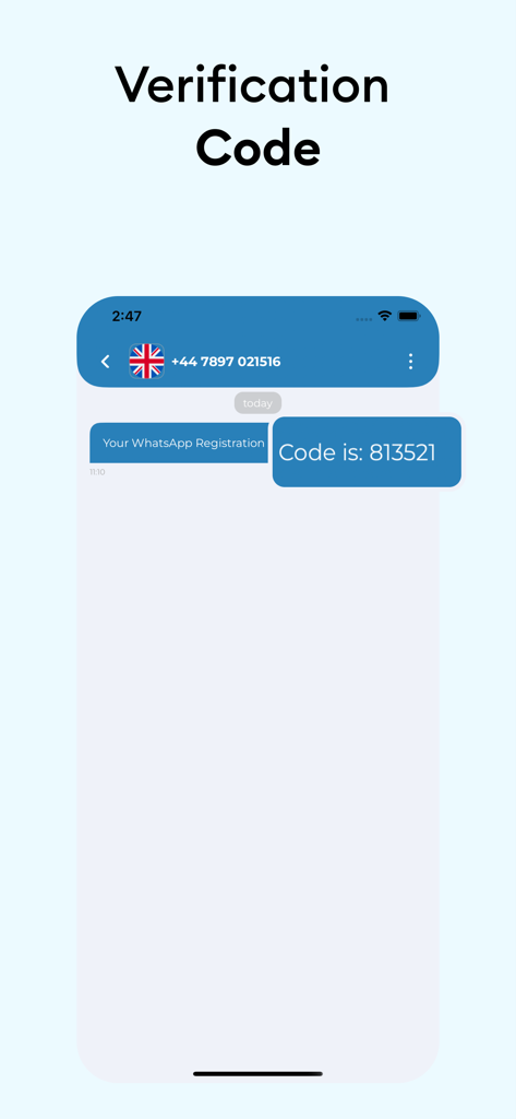 SMSVerify screen showing a WhatsApp registration code for a virtual number