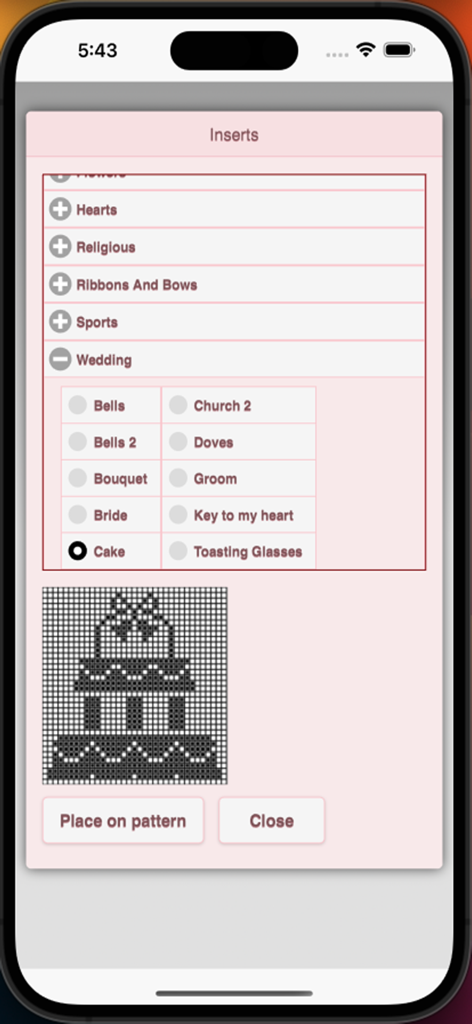 Filet Crochet Pattern Creator - A wedding cake motif preview within the Filet Crochet Pattern Creator app menu