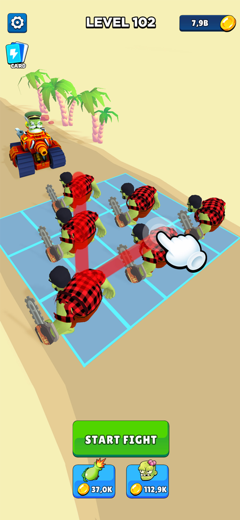 Merge Master: Idle Zombie War - Gameplay screenshot of Merge Master Idle Zombie War showing the character merging mechanic on a tactical grid.