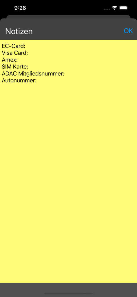 Bloco de notas digital para armazenar detalhes de cartões bancários e de associação para uso em emergências